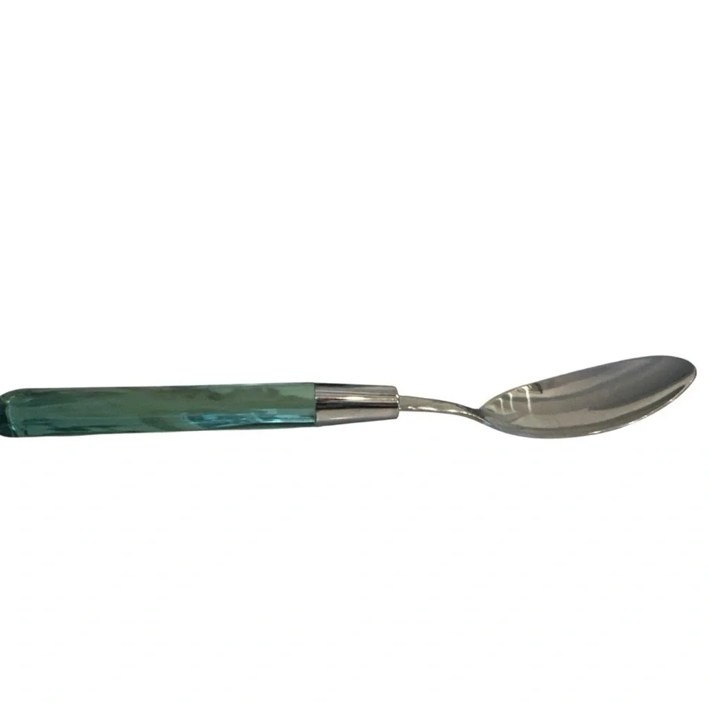 Vintage Emerald Green Acrylic Handle Stainless Flatware Set of 7 Serving Spoons